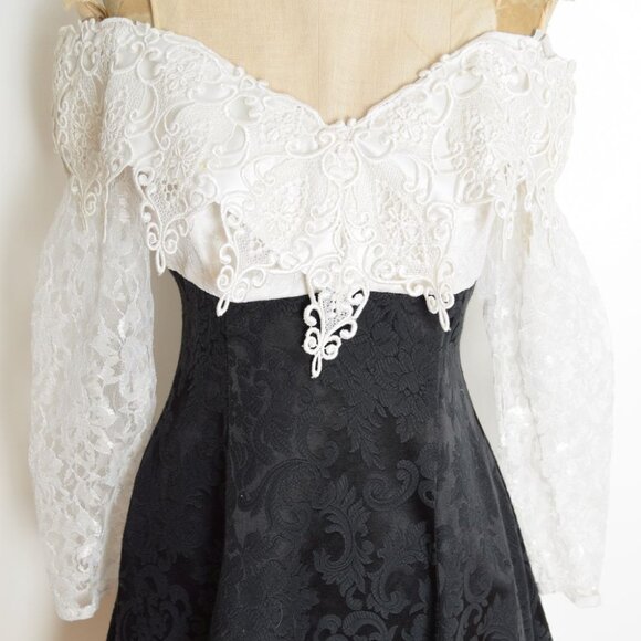 vintage 80s party dress black brocade white crochet lace off shoulder prom XS S - Picture 3 of 9